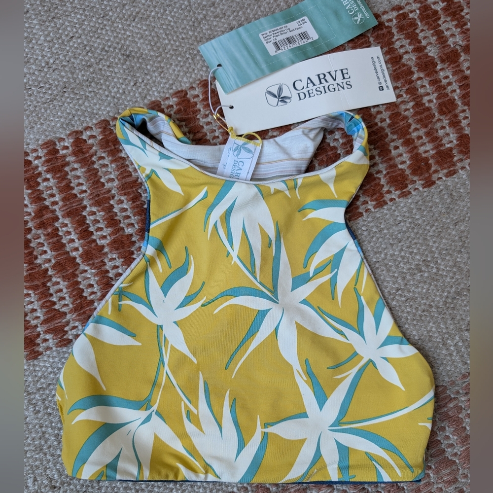 Carve Designs Sanitas Reversible Top XS Playa Stripe Gold Palms, Swimsuit Bikini